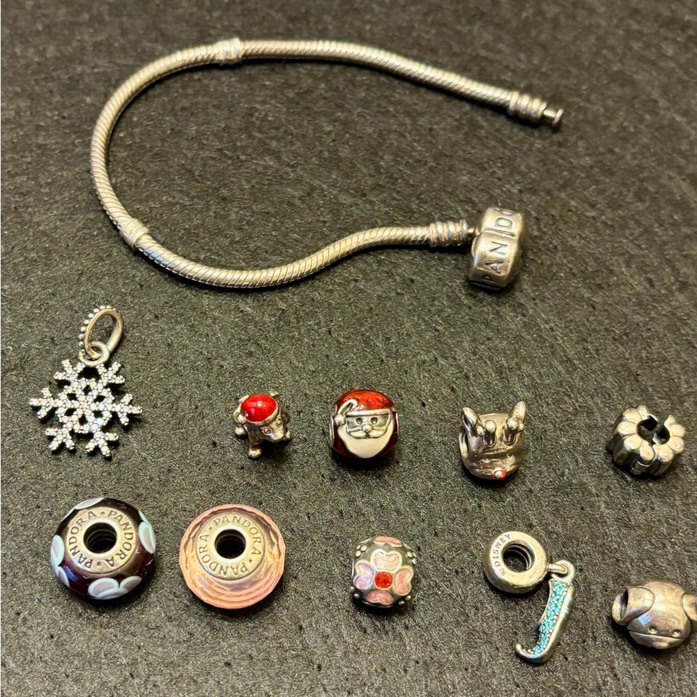 PANDORA 925 STERLING SILVER BRACELET 7" W/(10) PANDORA 925 MIXED CHARMS RETIRED - Picture 4 of 16